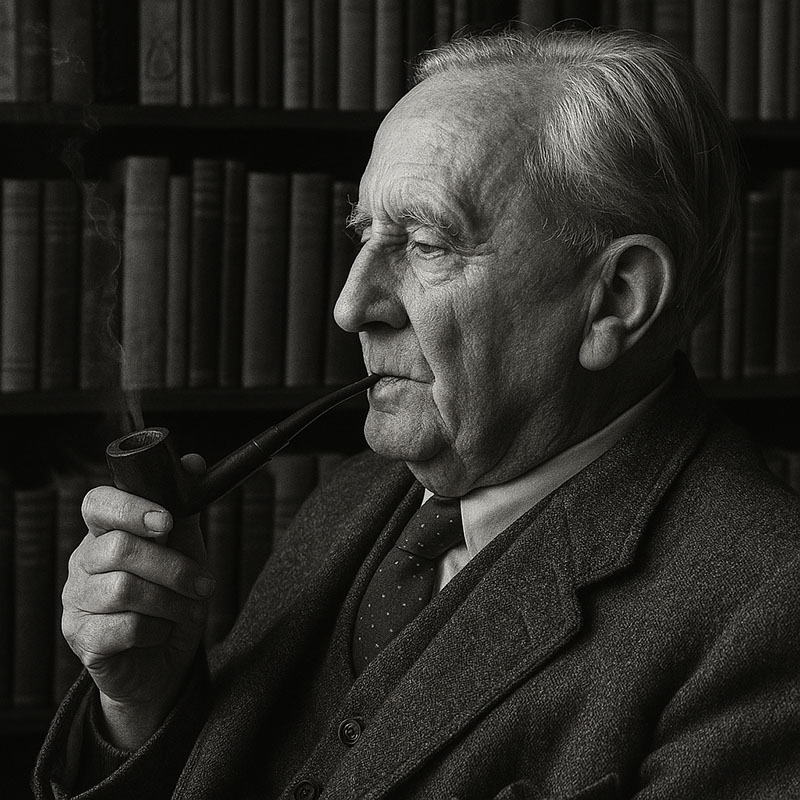 Tolkien-smoking-the-pipe-before-a-library.