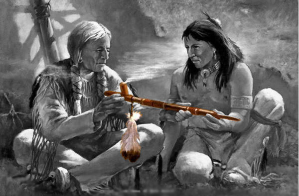 Two Indians smoke the pipe